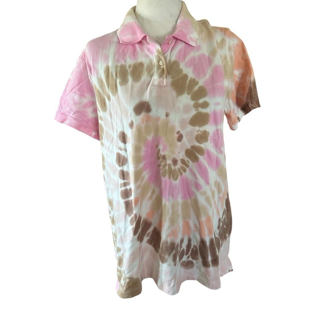 Lands End Tie Dye Polo Pink Brown Womans SZ M